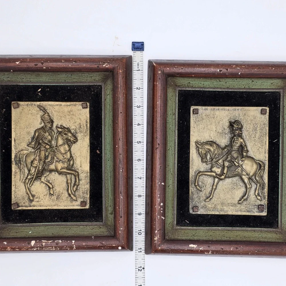 Vintage B&S Creations Brass Relief Cavalry Horseback Soldier Wall Art Pair 4686
